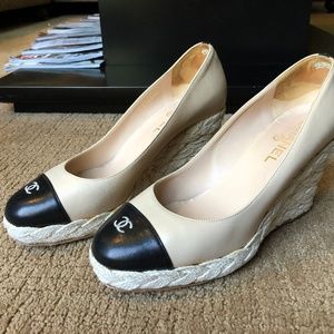 Chanel Tan Woven with Black Logo Toe Wedges